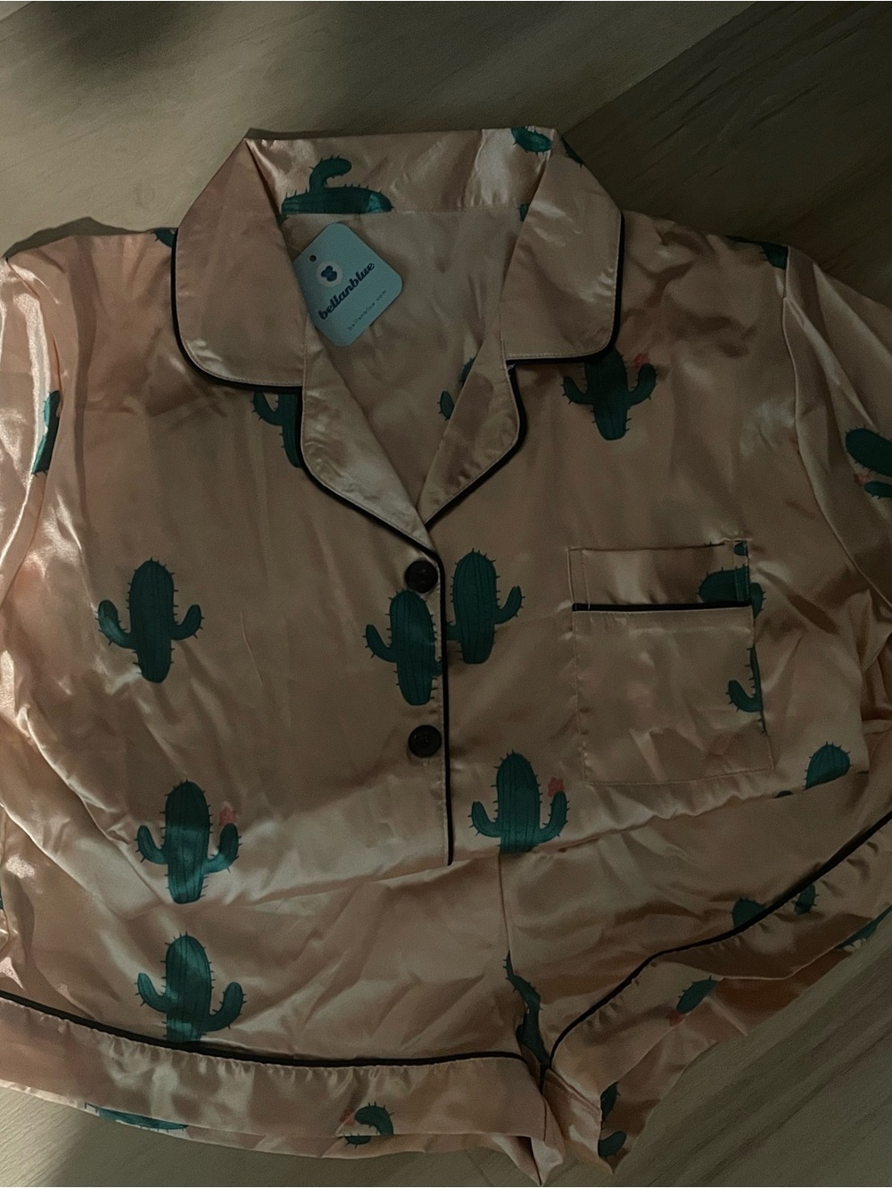 Bellanblue Satin Cactus Print Pajama Set - Peach & Green